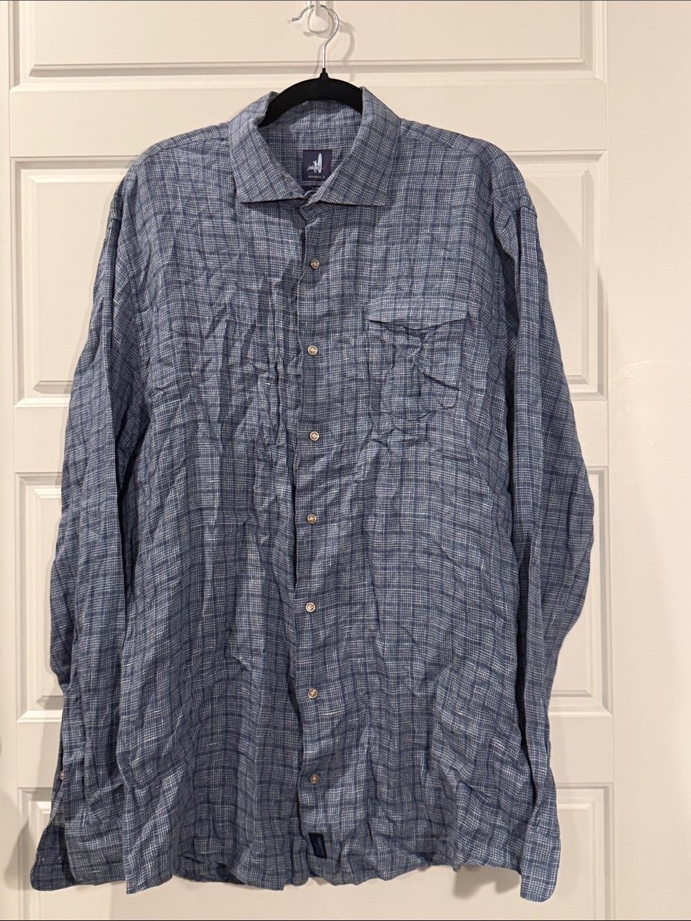 Johnnie O Dress Shirt Men’s Blue Plaid  100% Linen Long Sleeve Button Down Sz XL